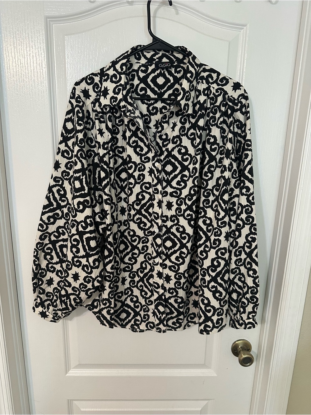 GIGIO Black White Ikat Damask Balloon Sleeve Blouse L